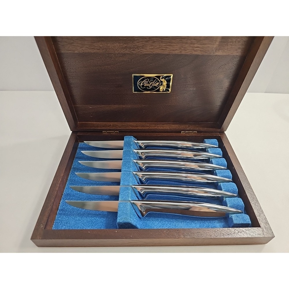 VTG‎ -UNUSED Carvel Hall Steak Knives Set Of 6 In Walnut Box- VERY SHARP